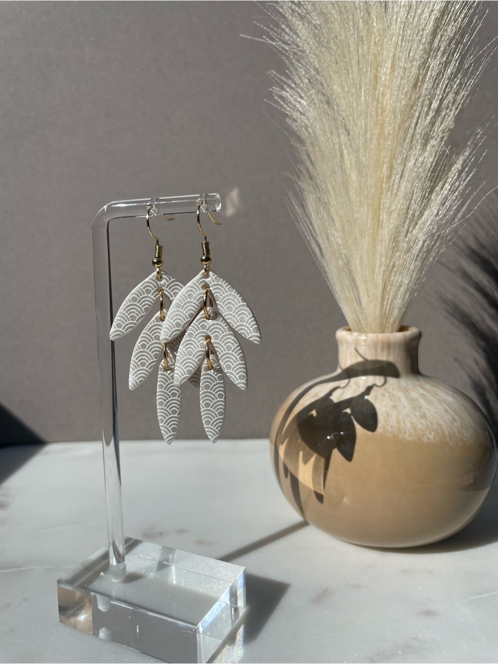Handmade By PennyClayCo White Layered Fan Clay Earrings – Gold Dangle Earrings